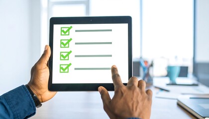 Man holds tablet displaying checklist with green checkmarks in bright office setting, emphasizing task management and digital organization.