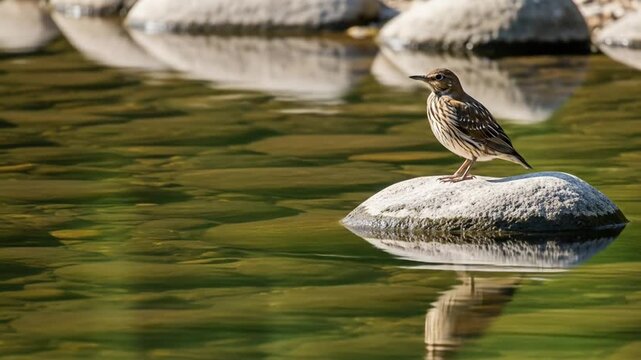 Delicate Linnet Perched on Waterside Rock - Peaceful Avian Portrait in Nature Setting
