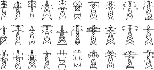 Set of 30 unique electric power transmission towers, high voltage pylons, industrial energy infrastructure, black outline vector icons, isolated on white background
