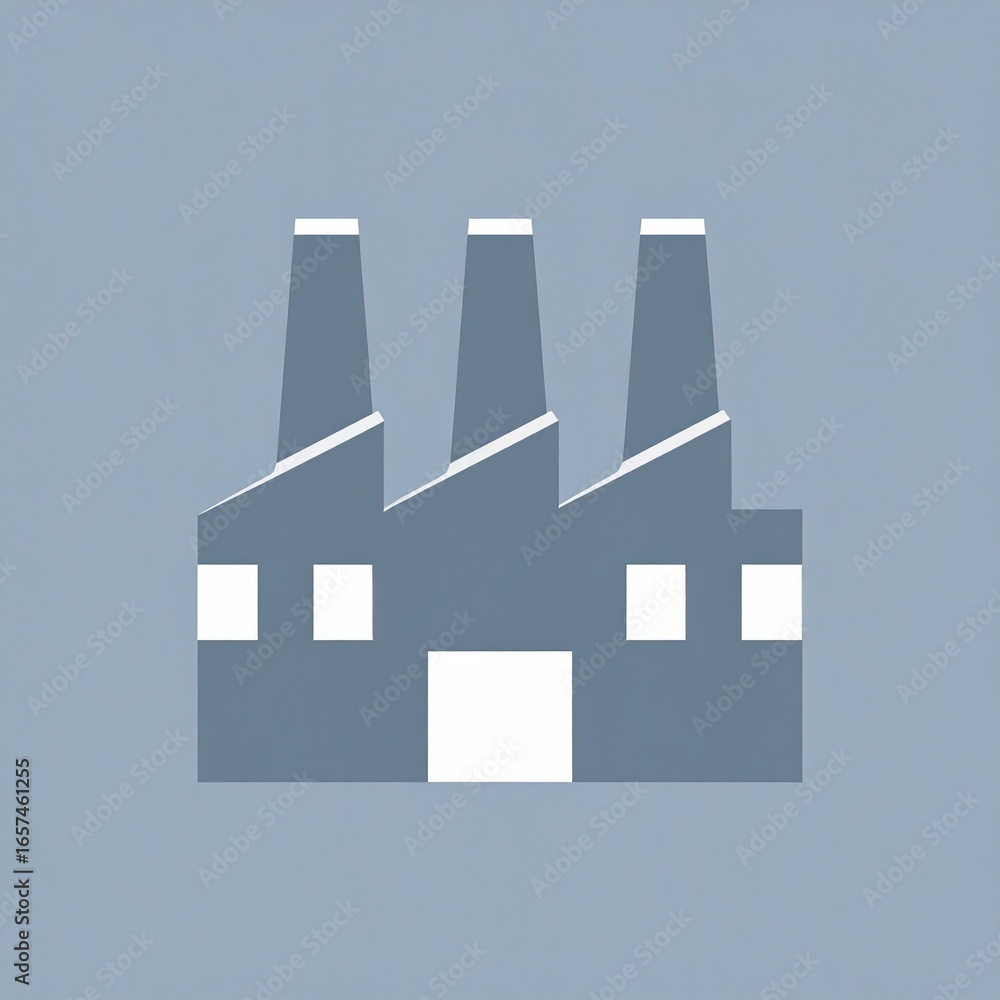 Poster a simple, stylized graphic representation of a factory building, featuring three distinct smokestack
