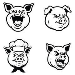 Set of black and white cartoon pig head illustrations, featuring a laughing pig, an angry pig, a culinary pig with a chef's hat, and an aggressive pig baring fangs.