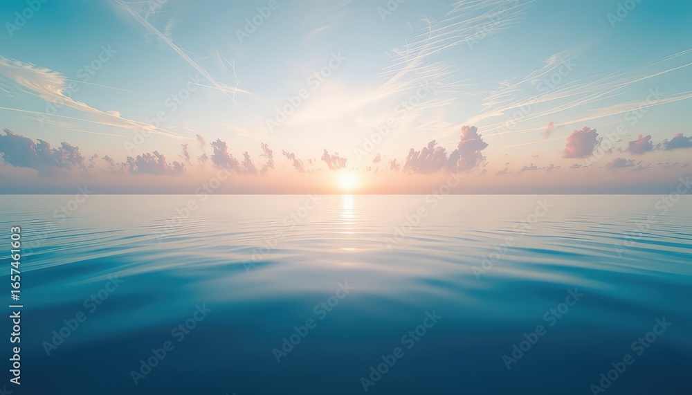 Poster calming view of the open sea during sunrise, showing the sky filled with light and soft clouds with 