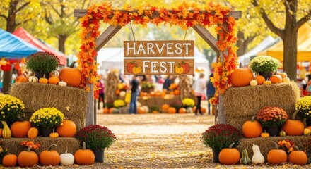 A vibrant harvest festival scene with pumpkins, hay bales, and colorful decorations under a wooden archway, celebrating the autumn season and its abundance
