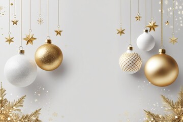 Chic Gold and White Christmas Ornaments with Stars and Glitter Leaves on Elegant Minimal Background – AI-Generated