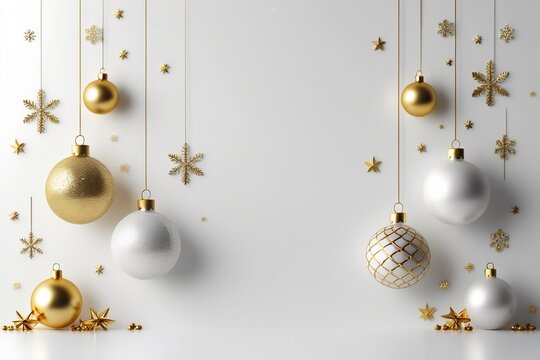 Minimalist Gold and White Christmas Baubles with Stars and Snowflakes on Elegant White Background – AI-Generated - Powered by Adobe