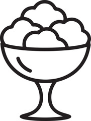Simple black and white line art illustration of a dessert bowl filled with ice cream scoops