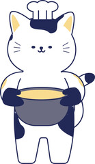 Cute cartoon cat chef holding a pot, ready to cook.