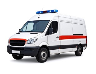 White emergency van with red stripe, blue lights, isolated on white background