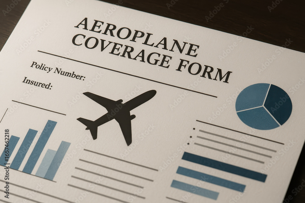 Poster aeroplane coverage form with insurance details showing policy number and insured information include