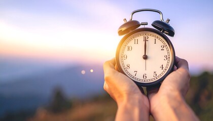 Hands holding an alarm clock showing twelve o'clock against a blurred mountain landscape during sunrise, symbolizing time management and a fresh start.
