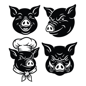 Variety of black silhouette pig and wild boar heads, featuring a smiling pig, a winking pig, a charming chef pig, and a fierce tusked boar.
