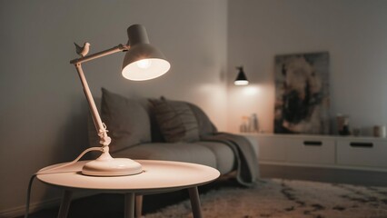 Cozy bedroom with a desk lamp illuminating a round table
