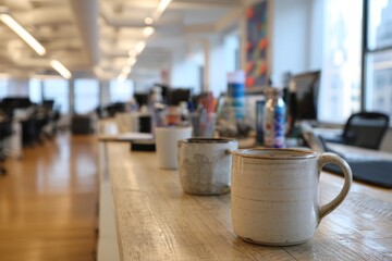 A bright open workspace with coffee mugs on every desk Staff take a moment to close their eyes and focus on slow breathing The mood feels, Generative AI 