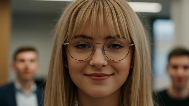 Portrait of a smiling young woman with blonde hair, bangs, and glasses, looking confidently at the camera in a modern office setting