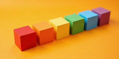 Vibrant spectrum of colorful blocks arranged in a sequential row on a bright orange background, showcasing a playful yet organized composition of saturated hues.