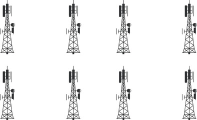 Set of eight wireless communication towers with antennas and satellite dishes, black vector icons on white background, telecommunication infrastructure, network technology symbols, seamless pattern