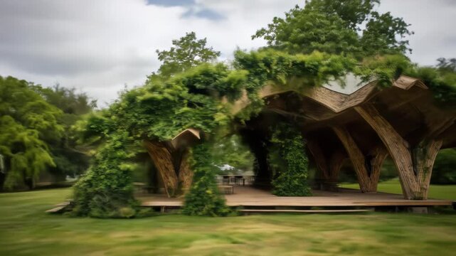 Wooden arbor with tree-shaped posts and vine foliage amidst a blurred, green lawn setting