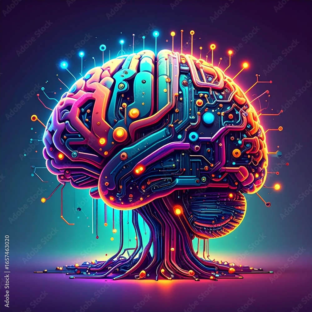 Poster a vibrant and intricate illustration showcases a stylized brain, rendered with glowing circuitry and