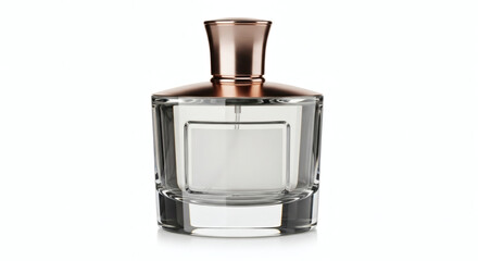 A clear glass perfume bottle with a rose gold cap sitting on a white surface in a studio setting