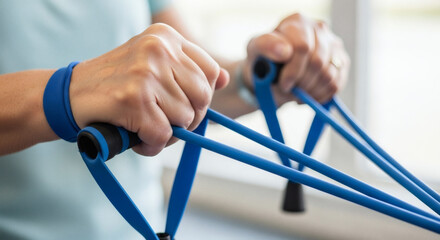 Close up of hands holding blue resistance bands with black handles for exercise and physical therapy