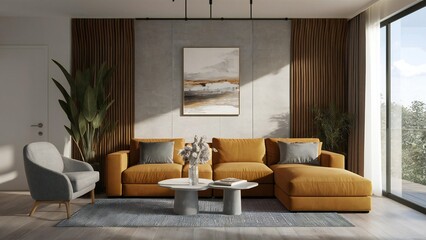 Modern living room with yellow sectional sofa and abstract art