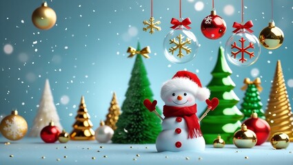 Smiling Snowman with Christmas Trees and Hanging Ornaments in Festive Winter Scene – AI-Generated