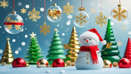Cheerful Snowman with Santa Hat, Christmas Trees, Ornaments and Golden Snowflakes – AI-Generated