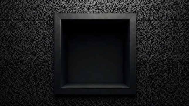 A dark recessed square shelf inset into a textured black wall, offering a minimalist display space