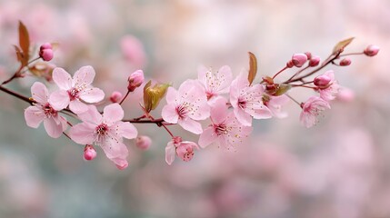 Delicate pink cherry blossoms bloom vibrantly on a branch, signaling spring's arrival with soft focus