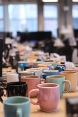 A bright open workspace with coffee mugs on every desk Staff take a moment to close their eyes and focus on slow breathing The mood feels, Generative AI 