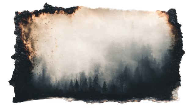 Burnt-edged landscape; misty forest