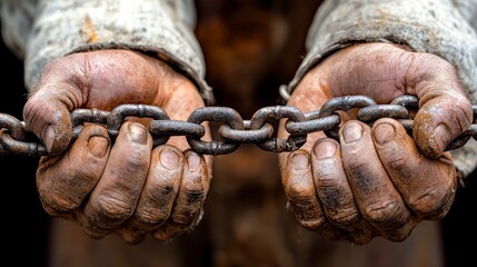 Rough hands holding metal chains