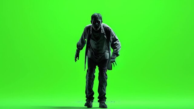 Zombie with tattered clothes standing on a green screen looking directly at the camera with open mouth green screen halloween zombie video