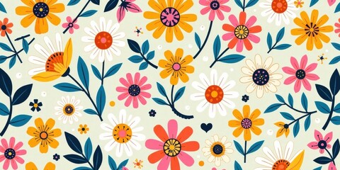 Obraz premium Vibrant Floral Pattern Featuring a Delightful Array of Colorful Blossoms and Lush Green Foliage, Ideal for Textile Designs and Decorative Applications