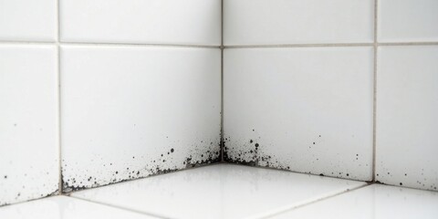 Close-up view of dark mold growth along the grout lines of corner white tiles
