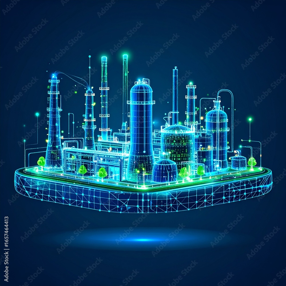 Poster a vibrant, glowing representation of an industrial complex, depicted in a futuristic, digital style,