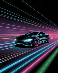 Futuristic sports car speeding through neon light trails