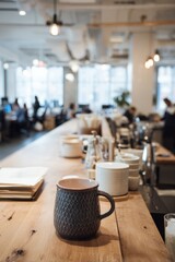 A bright open workspace with coffee mugs on every desk Staff take a moment to close their eyes and focus on slow breathing The mood feels, Generative AI