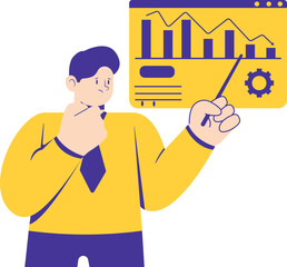 A thoughtful businessman points to a bar graph and line chart on a digital screen, analyzing data and presenting insights.