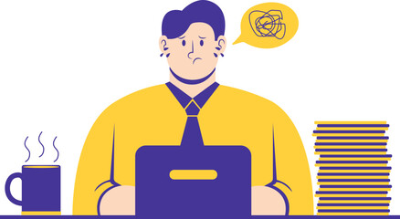 A stressed and confused office worker sits at a desk with a laptop, a steaming mug, and a large stack of papers.