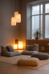  A cozy corner in the office with floor cushions and soft lamps A small team is practicing mindfulness with gentle background music The mood, Generative AI