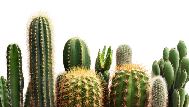 Diverse cacti collection in a horizontal row