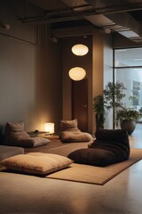  A cozy corner in the office with floor cushions and soft lamps A small team is practicing mindfulness with gentle background music The mood, Generative AI