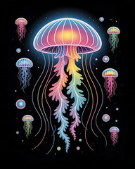 Vibrant rainbow jellyfish bioluminescent underwater scene