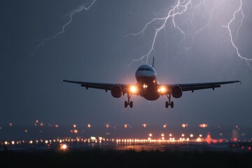 Airplane Lightning. Passenger Aircraft Landing in Storm with Lightning Strike at Night