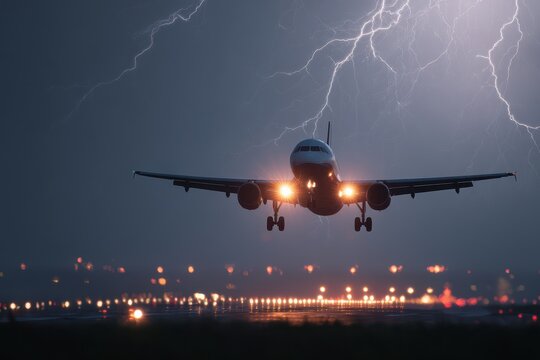 Airplane Lightning. Passenger Aircraft Landing in Storm with Lightning Strike at Night
