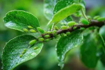 Fototapeta premium Aphid Damage: Green Aphids Infestation on Fresh Green Apple Leaves in the Springtime Garden
