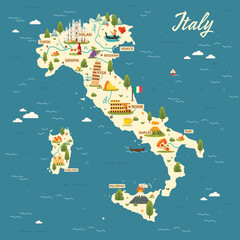 Touristic map of Italy with landmarks, cities, food, and culture icons. Colorful cartoon style showing main attractions and traditions of the country. © BooblGum
