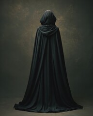 Back Of Cape. Portrait of Medieval Lady in Black Hooded Cloak on Studio Background