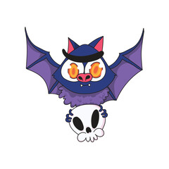 Cute funny cartoon bat with glowing eyes holding a skull perfect for halloween party themes kids graphics spooky stickers mascots and creative holiday illustrations